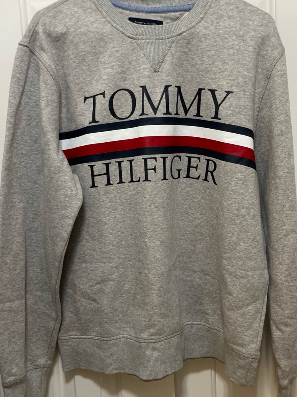 Tommy Hilfiger Light Gray Crewneck with Red, White & Navy Stripe